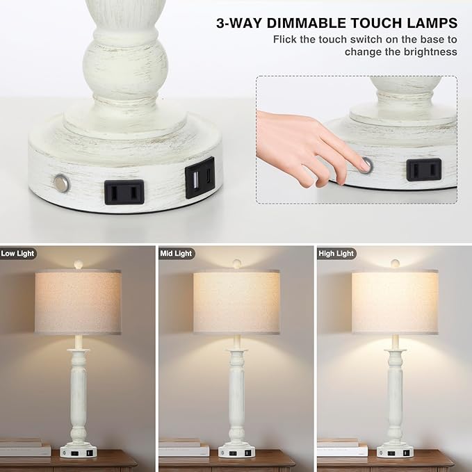 28.5" Tall Farmhouse Table Lamps Set of 2 for Living Room, 3-Way Dimmable Touch Lamps with USB C+A Ports & AC Outlet, Bedside Nightstand Lamps with Linen Shade for Bedroom