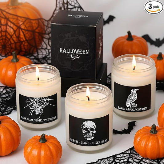3 Pack Halloween Scented Candles Gifts Halloween Spooky Skull Crow Spider Candles Set with Presents Boxes for Home Decor Indoor