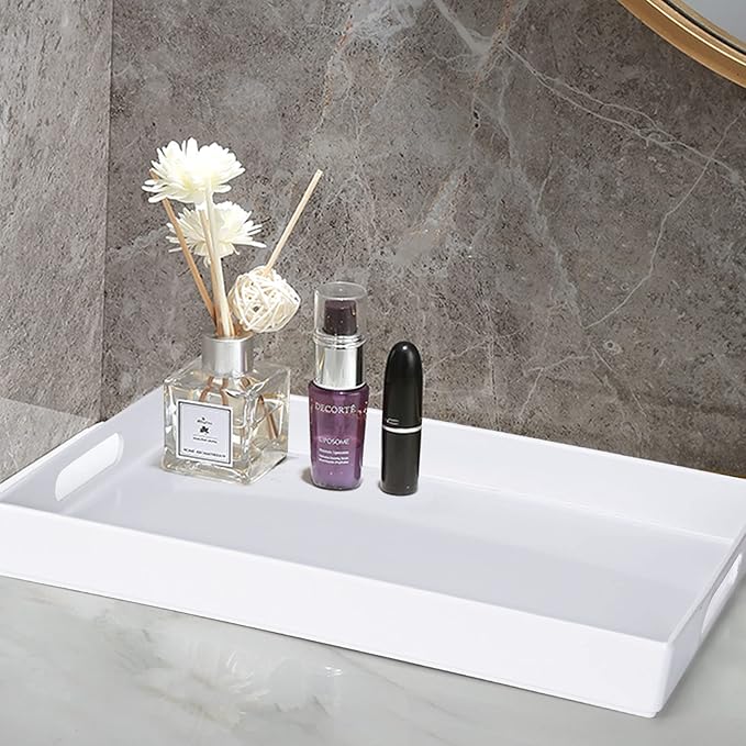 Serving Tray with Handles-10x15Inch White Melamine Modern Serving Platters,Serving Wine,Coffee,Breakfast/Kitchen Countertop Tray/Makeup Drawer Organizer/Vanity Table Tray/Decorative Tray