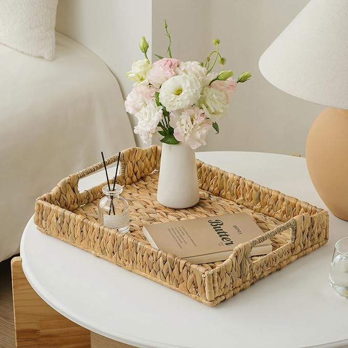 Rectangle Wicker Scalloped Serving Tray with Handles - Seagrass Handwoven Trays,Water Hyacinth Tray for Home Decor and Living Room, Dining Table, Bathroom Organizing, 16.9" L x 12.9" W x 1.96" H