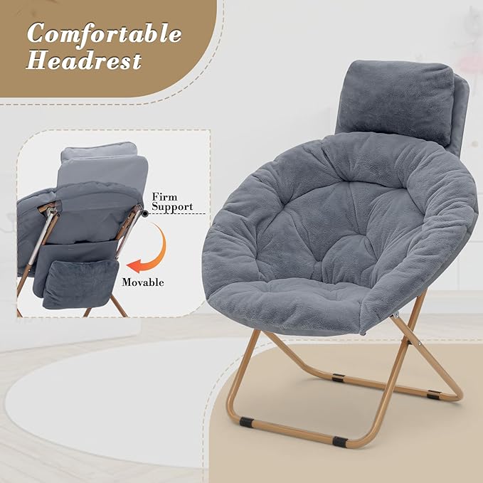 Athena Collection Comfy Saucer Chair with Headrest Oversize Round Cozy Chair Folding Chair Faux Fur Metal Frame Foldable Reading Chair Accent Chair for Bedroom Living Room Set of 2, Grey