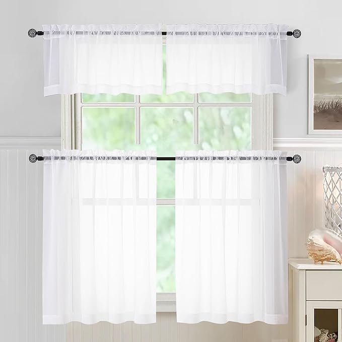 Aiyufneg White Sheer Window Valance Curtains, Light Filtering Kitchen Valances Windows Treatment, Small Voile Sheer Curtains for Living Room/Bathroom/Basement, Top Dual Rod Pocket, 2PCS