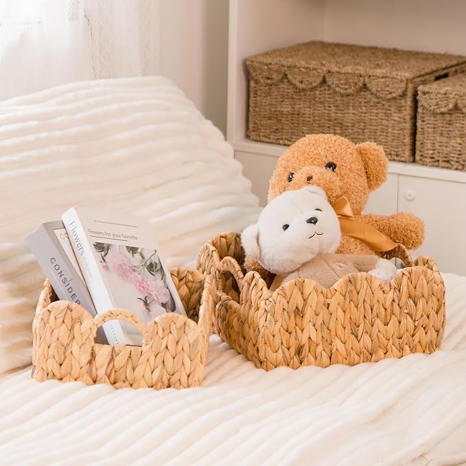 KOKODO Set of 2 Scalloped Wicker Baskets, Handwoven Water Hyacinth Decorative Bins with Handles for Home Decor & Organizing