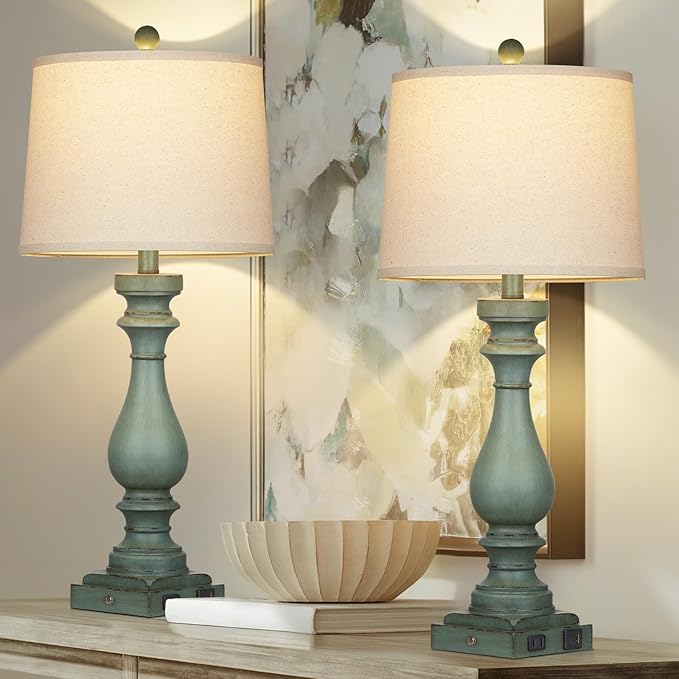 29" Tall Table Lamp for Living Room Set of 2,Vintage Bedside Nightstand Lamps with USB C+A Ports & AC Outlet,3-Way Dimmable Touch Control Retro Green Desk Lamp for Bedroom,Color 4