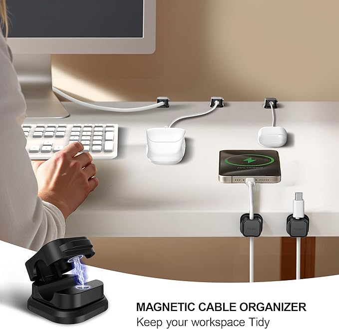 12 Pack Magnetic Cable Clip Organizer Cord Holder, Picozon Adhesive Cable Management, Wire Phone USB Charger Cable Holder Keeper Organizer for Car, Office Home Desktop, Wall, Night Table - Black