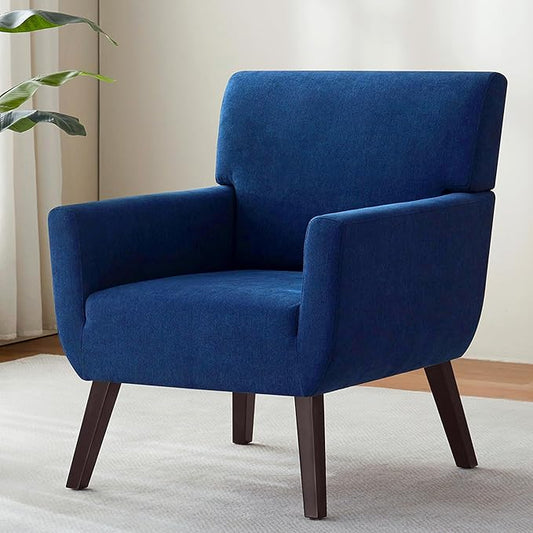 Upholstered Accent Chair,Mid Century Modern Office Fabric Small Living Room Chair with Arm,Comfy Wingback Armchair for Bedroom Reading Dark Blue