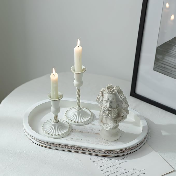 Hanobe Decorative Serving Tray Wood: White Washed Bead Oval Tray for Coffee Table Rustic Wooden Trays Decor Farmhouse Kitchen Counter Tray Vintage Centerpiece for Living Room Home Organizer