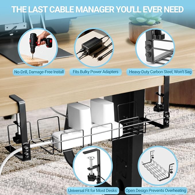 Under Desk Cable Management Tray, 15.7'' Metal Wire Organizer with Clamp, No Drill Desk Cord Rack for Cable Management, Computer Wire Organizer for Office and Home – Sturdy & Scratch-Free