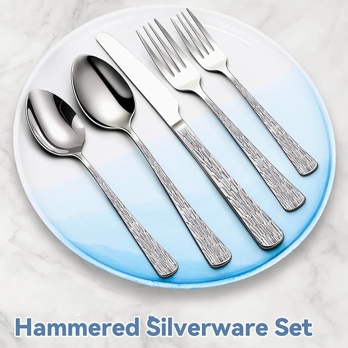Yoehka 60-Piece Hammered Silverware Set for 12, Stainless Steel Flatware Set with Tree Pattern Handles, Mirror Polished Cutlery/Utensils Set for Home, Restaurant, Hotel, Dishwasher safe