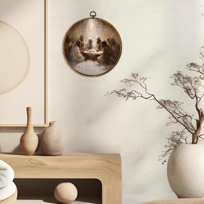 CUANFDDSF Christian Christmas Nativity Round Wall Art Decor, Vintage Jesus Nativity Wall Hanging Frame Decor, Religious Christmas Canvas Prints Decorations for Home Bedroom Church, 10x10 Inch