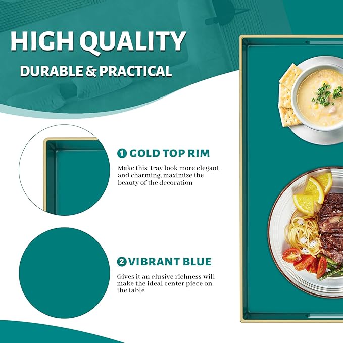 MAONAME Green Serving Tray with Handles, Rectangular Decorative Tray, Modern Coffee Table Trays, Plastic Ottoman Trays for Bathroom, Decor, 15.7” x 11.8” x 1.57"