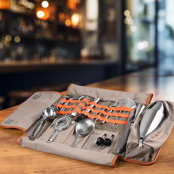 Travel Bartender Kit – 22-Pc Bartending Kit with Bar Tools Bartender Accessories, Waxed Canvas Tool Bag – Professional Stainless Steel Bar Tools Set with Standard Jigger, Unbreakable Squeezer