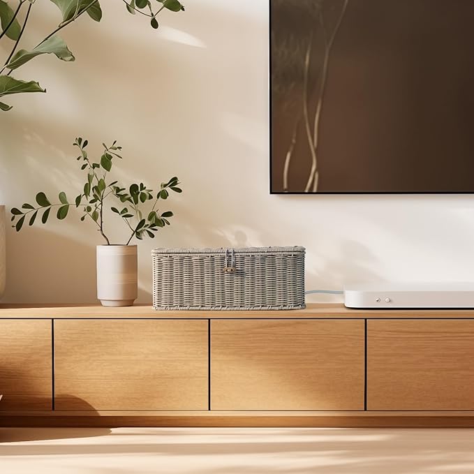 BROWNLILY Cable Management Box, Rattan Style Cord Organizer for Desk Cord Hider Outlet Covers Baby Proofing for Power Strip TV PC Router Charger Under Desk Storage with Lockable Lid and Cable Ties