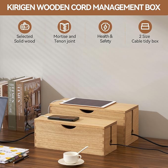 KIRIGEN Cable Management Box Wooden Cord Organizer Hide Power Strip Desk Wires Protector for Home Office TV Computer (DXH2T-NA)