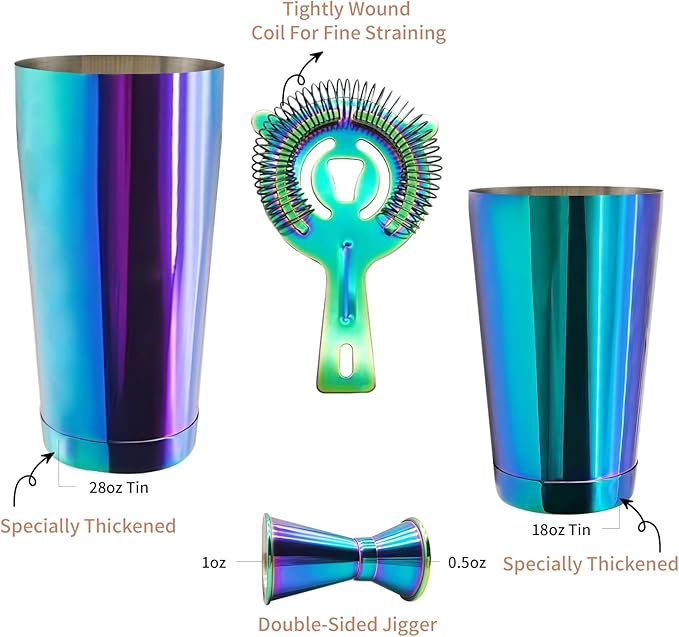 Boston Cocktail Shaker Bar Set, Weighted Boston Shaker Tins, Bartender Kit with 18oz & 28oz Mixed Drink Shaker, Hawthorne Strainer, Double Measuring Jigger - Rainbow