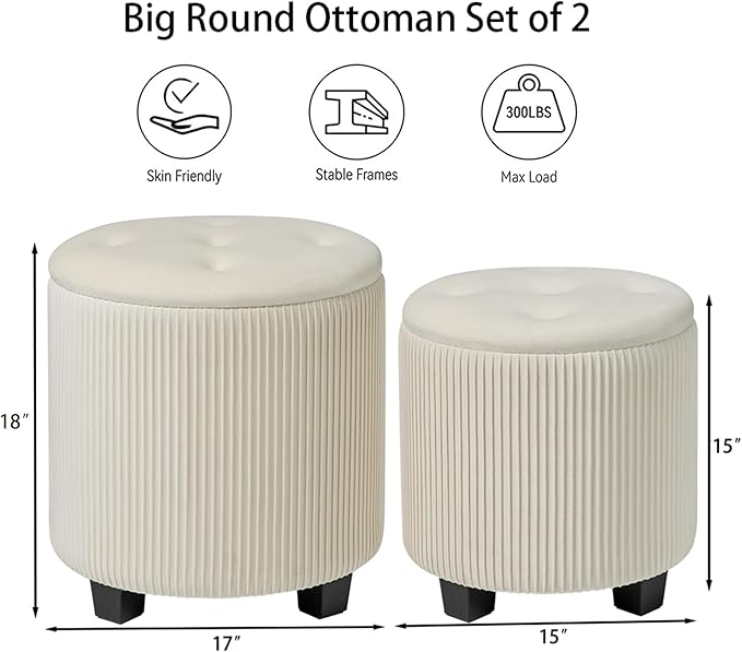 Big Round Ottoman with Storage Set of 2,Upholstered Velvet Vanity Stool for Makeup Multifunctional Foot Rest Coffee Table Padded Seat Tufted Ottomans for Living Room&Bedroom（White）
