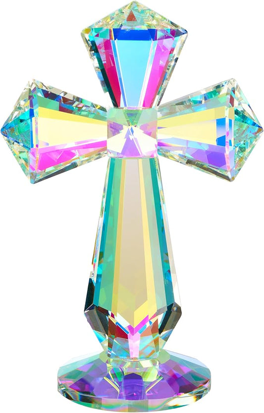 Crystal Standing Cross Decor, Easter Christmas Decoration for Pary，Religious Gifts for Women Men, Handmade Glass Holy Collectible Figurines (Multicolor Crystal Cross)