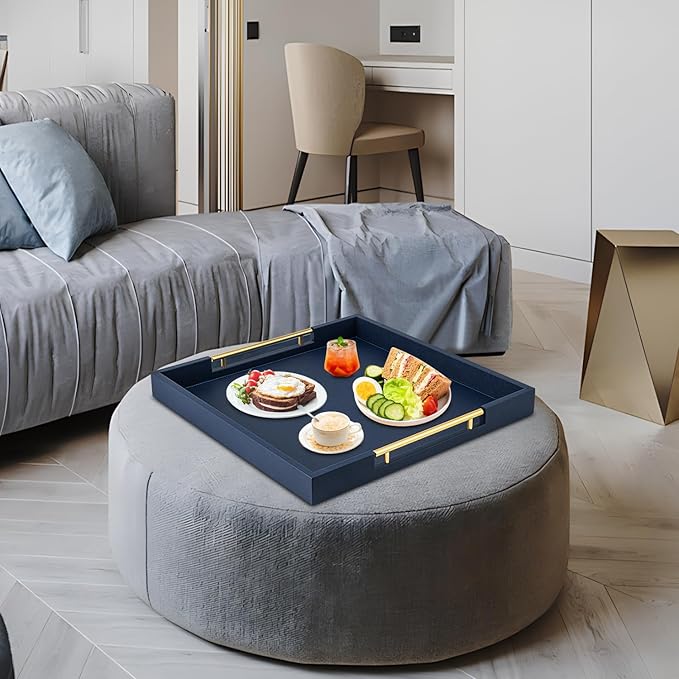 Navy Blue Faux Leather Decorative Tray,Large Square Serving Tray with Handles,coffee table tray for Home decor,Large Ottoman Tray for Living Room,Bathroom, 20 x 20in