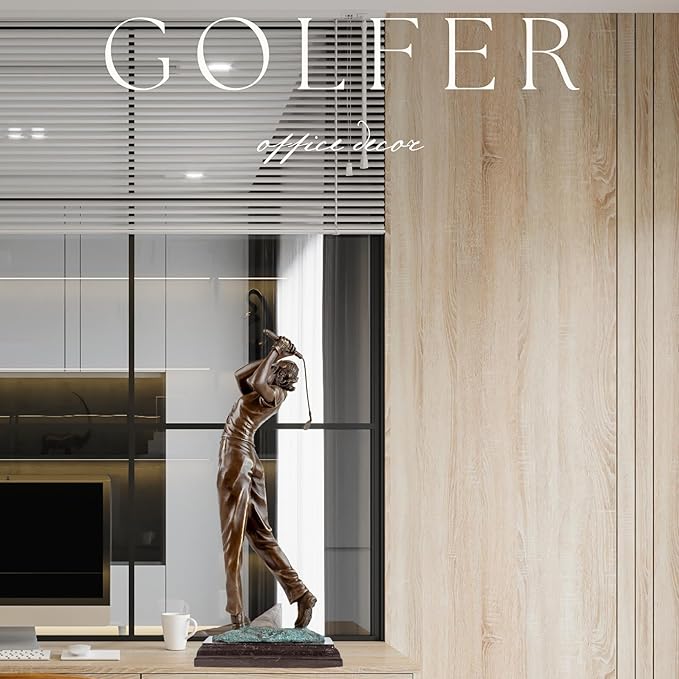 22'' Modern Golf Female Bronze Statue, Bronze Golfer Figurine Sculpture Ornament with Marble Base Classical Art Craft for Home Office Decor Collection Gift