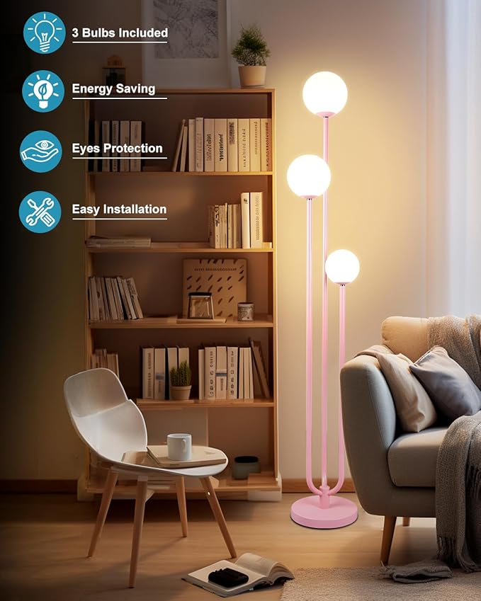 Lightdot 63IN Pink Floor Lamp Mid Century Modern Floor Lamp with 3 Globe Soft Warm White 3000K Bulbs, 3 Lights U-Style Standing Lamp for Wedding Party/Living Room/Bedroom