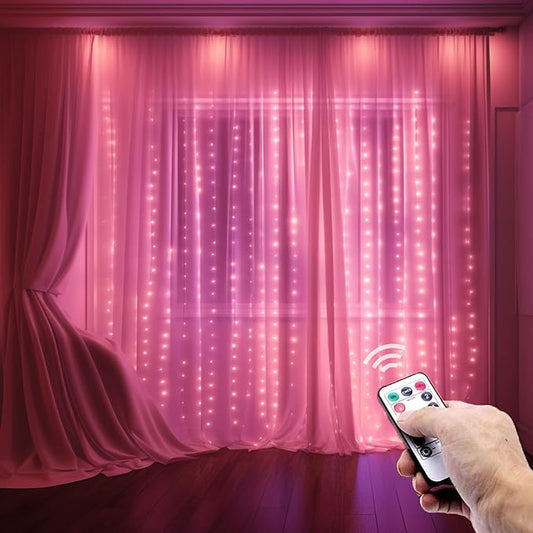300 LED Pink Curtain String Lights, Twinkle Fairy Lights for Bedroom with 8 Lighting Modes, USB Christmas Lights for Party Home Bedroom Indoor Wall Room Decor (Pink)
