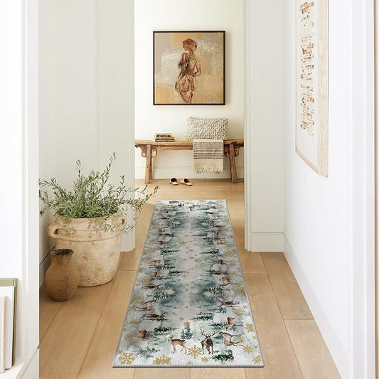 Artoid Mode Deer Snowflakes Pine Tree Christmas Area Rug, Xmas Winter Home Decor Low-Profile Non-Slip Washable Runner Rug for Entryway Bedroom Living Room Laundry Room Indoor 2x6 Feet