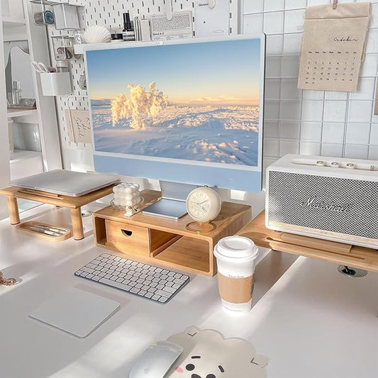 Dual Monitor Stand Riser with Drawer for Desk Laptop Desk Shelf with Adjustable Length and Angle, Bamboo Computer Stand Riser for 2 or 3 Monitors Screen Laptop PC TV -Natural