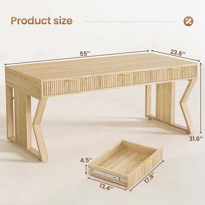 SEDETA 55" Executive Office Desk with 3 Drawers, Home Office Desk with Storage Drawers, Computer Writing Desk Study Table, Natural Oak