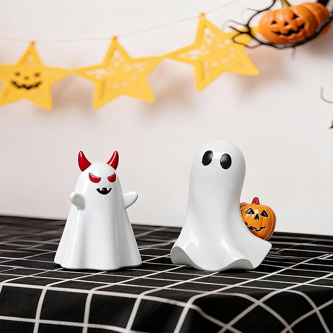 2 pcs Ghost Figurines Halloween Indoor Decoration, White Cute Ghost Halloween Table Decor Tiered Tray Decorations,Funny Devil&Pumpkin Ghost Figurine Resin Statue Centerpieces