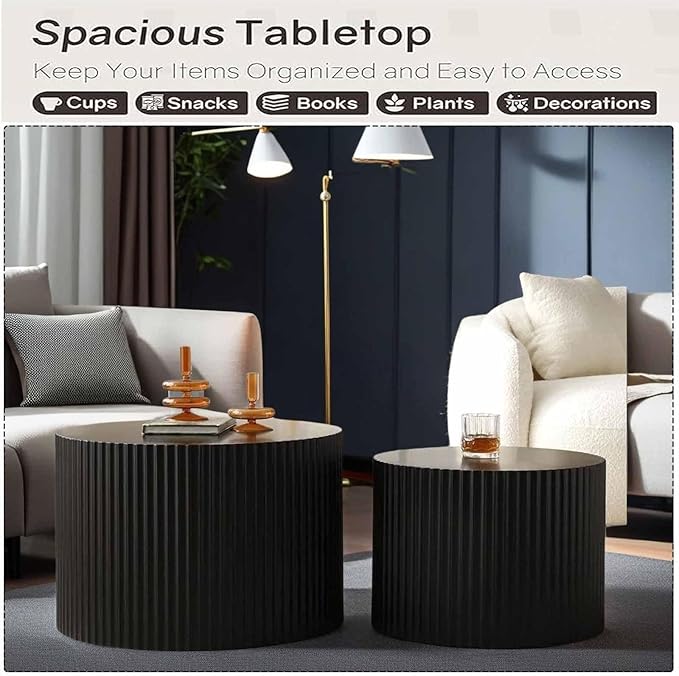 Modern Round Nesting Coffee Table Set of 2, Vertical Stripe Design Drum Coffee Table Cocktail Table, Round Side Table for Living Room, Bedroom, Office, Balcony (D19.7+27.6")