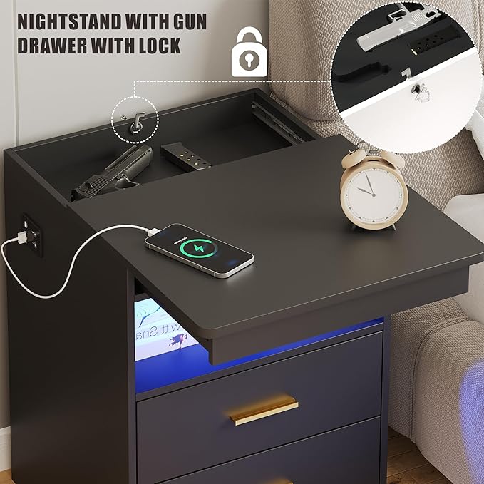 Nightstand Set of 2, Charging Bedside Table with USB & Type-C Port, LED Nightstand with Human Sensor Light, Modern End Table with Gun Drawers for Bedroom Office, Black