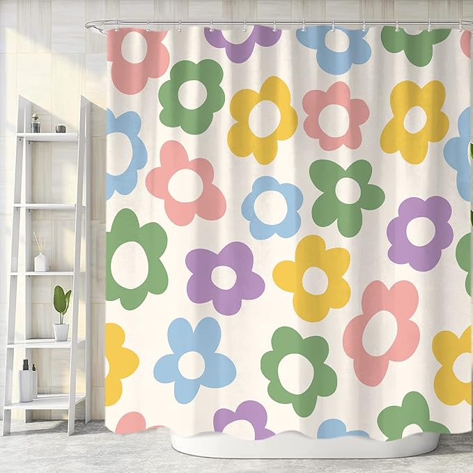 Sanzugh Cute Pastel Flower Shower Curtain, Boho Retro Floral 70S Aesthetic Fabric Shower Curtains Set for Girls Kids Bathroom Groovy Pink Floral Funky Decoration with Hooks 72 X 72 Inch Bath Decor