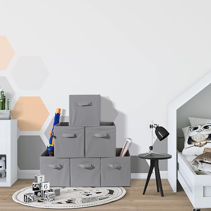 Sorbus Storage Cubes - 11 Inch Foldable Fabric Baskets for Organizing Pantry, Closet, Shelf, Cubby - 6 Grey Collapsible Cloth Storage Bins with Handle for Home, Bedroom
