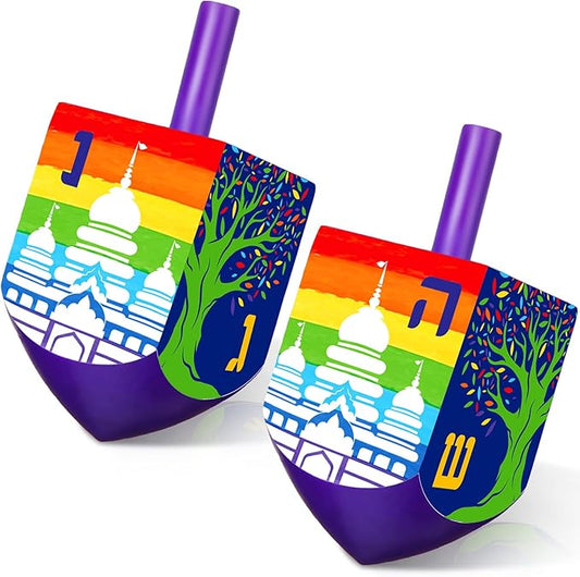 2 Pcs Hanukkah Dreidels Game Toy Extra Large Wooden Dreidel for Hanukkah Decoration with English Transliteration, Forever Spinning Tops Party Favors(Temples)