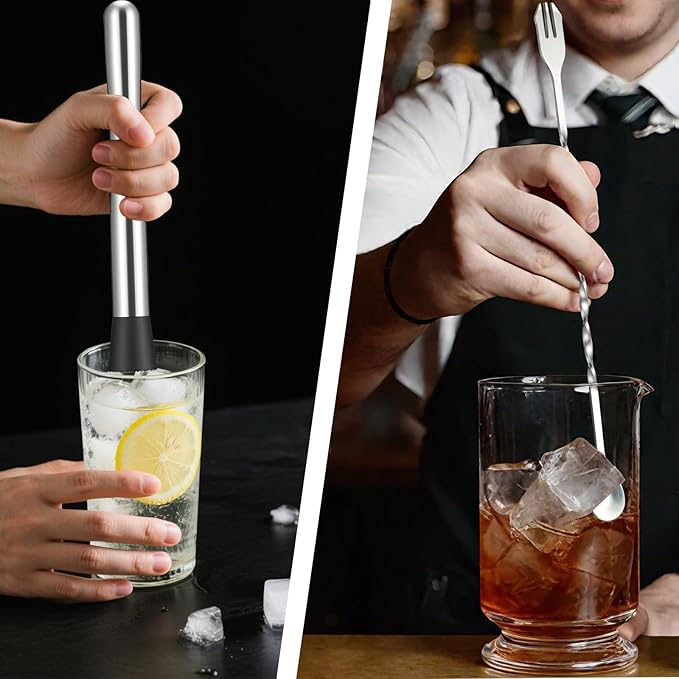 4Pcs 10'' Muddler and Spoon Set for Cocktails 304 Stainless Steel Fruit Smasher Home Bar Bartender Accessories Stirrers Mixing Tools for Mojitos Drinks Lemonade Stand Supplies