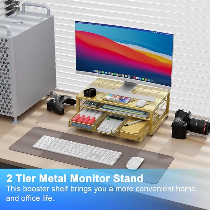 gianotter Computer Monitor Stand Riser, office organizer with Drawer, Office Organizers Storage for Classroom Office Supplies (Gold)