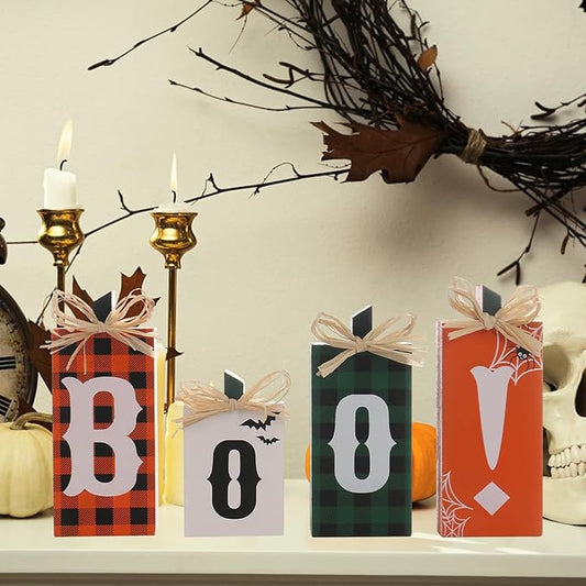 Super Holiday Halloween Decorations, 4PCS Wooden Boo Sign Block Tabletop Decorations, for Home Farmhouse Indoor Party Fireplace Decor.