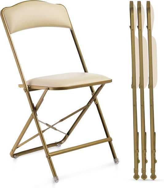 Folding Chairs with Padded Seats 4 Pack - Foldable Chair with Heavy-Duty Steel Frame, Elegant Bridge Chairs for Outside, Home, Office, Indoor & Outdoor Events - Gold/Almond