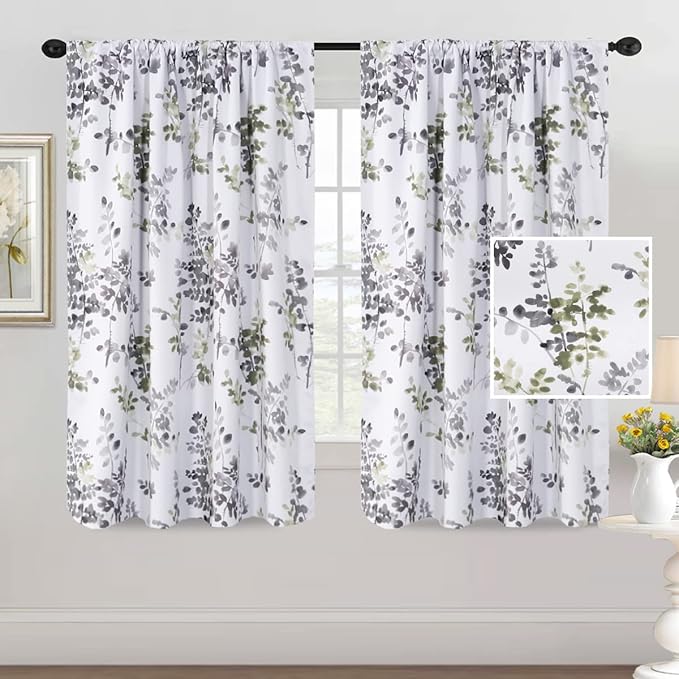 H.VERSAILTEX Floral Curtains 63 Inches Long Printed Pattern Room Darkening Curtains for Bedroom Rod Pocket Window Treatment Curtains, 2 Panels, Classical Floral Grey and Sage