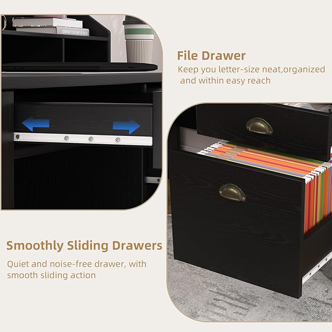 4 EVER WINNER Black Desk with Drawers, Office Desk with File Drawer and Monitor Stand, Computer Desk with Storage for Small Spaces, Bedroom, Black
