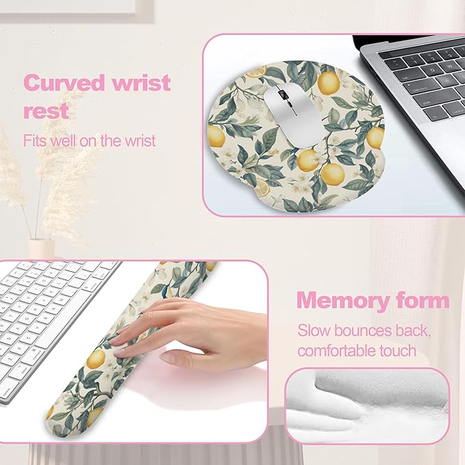 Hummingbird Vintage Lemon Mouse Pad with Wrist Rest Set, 3-in-1 Wrist Support Mousepad Set, Gaming Mat Pad with Anti-Skid Base,Ergonomic Memory Foam Mouse Pad Set for Women, Office, Typing, Gaming