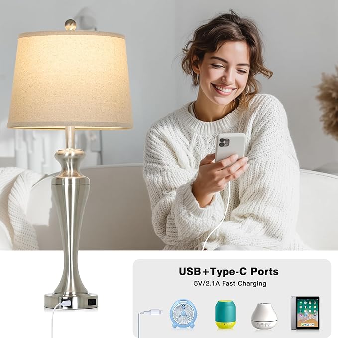 30" Silver Table Lamps Set of 2, 3-Way Dimmable Touch Living Room Lamp with USB A+C Ports and AC Outlet, Modern Brushed Nickel Bedroom Lamps, Tall Metal Bedside Lamp for Nightstand Side Table