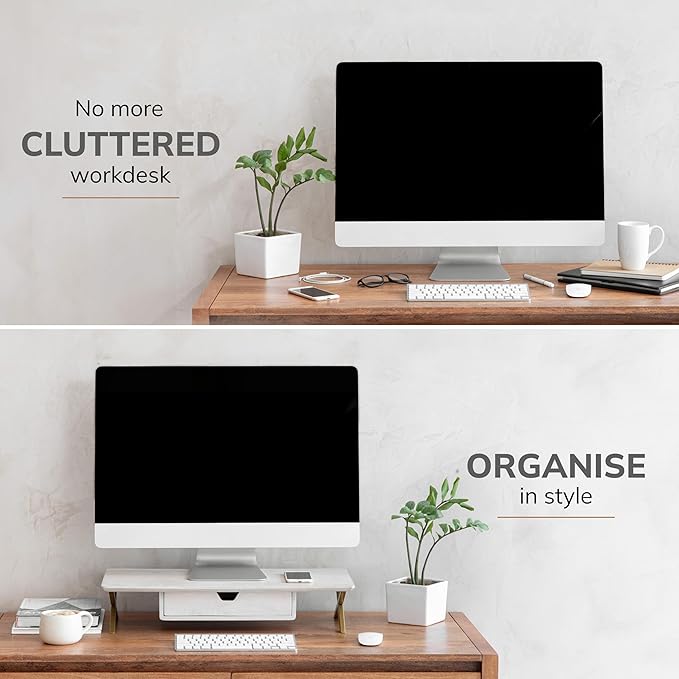 Anji Mountain Monitor Stand - Desktop Organizer & Laptop Riser, Ergonomic Monitor Riser, Space-Saving Monitor Stand for Desk, Durable Construction, Easy Assembly, Ideal for Home & Office,White Wash