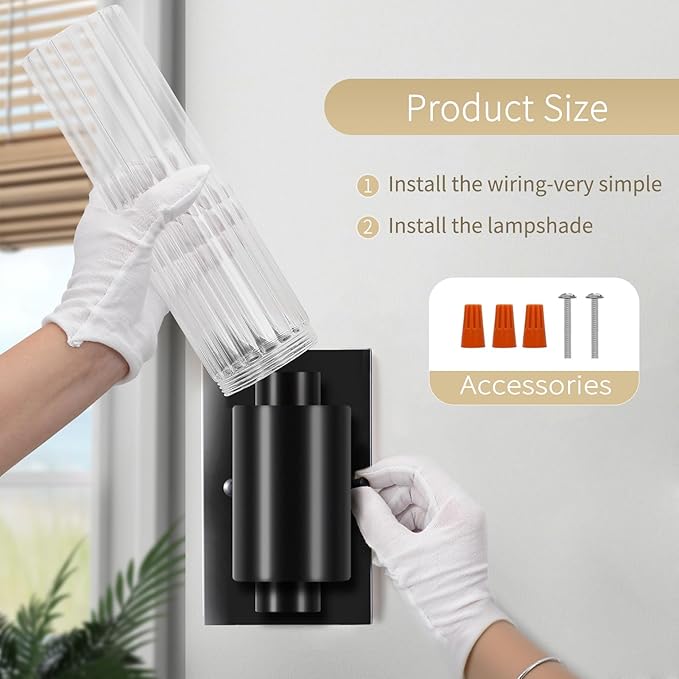 Wall Sconces Set of Two - Black Bathroom Sconces Wall Lighting with Threaded Glass Wall Lighting Fixtures Mounted Lamps for Bedroom, Bathroom, Living Room, Hallway (Black Water Pattern)