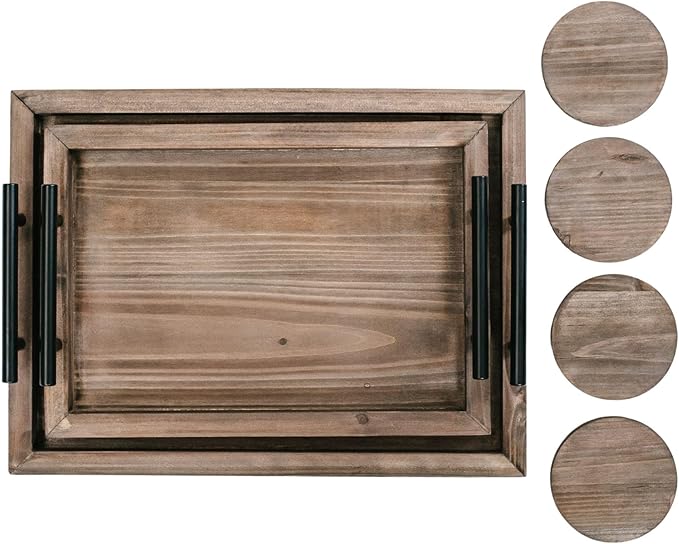 Decorative Ottoman Serving Tray Wooden Rustic (Set of 2) | Black Sleek Metal Handles | 4 Matching Coasters | Coffee Table Decor | Serving Kitchen Platter (Brown)