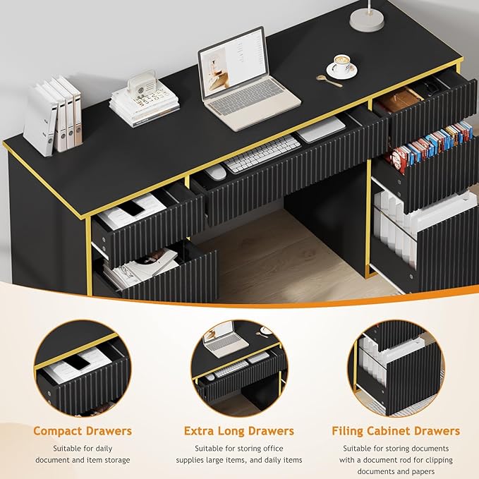 58 Inch Computer Desk with Drawers, Home Office Desk with File Drawers, Fluted Executive Desk with Storage for Study Writing, Living Room, Bedroom, Black and Gold