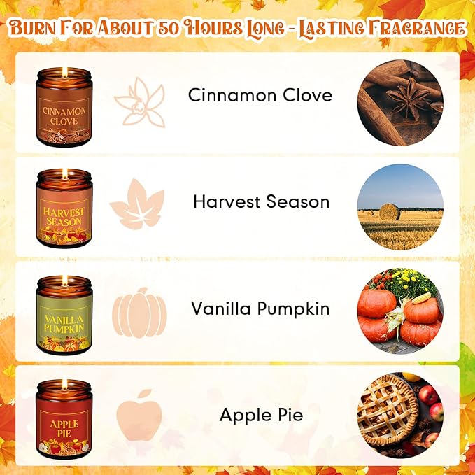4 Pack Happy Fall Y'all Gifts Scented Candles Bulk 7 oz Soy Wax Autumn Fragrance Home Jar Candles Set with Gift Box 4 Harvest Scents for Fall Festival Thanksgiving Day Party Favors