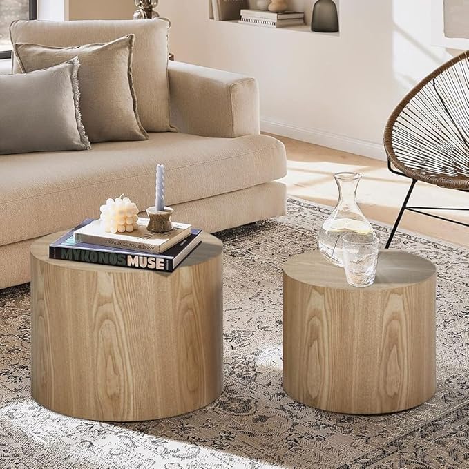 Round Coffee Table Set of 2, Nesting Coffee Table and End Table Set Wood Small Circle Drum Side Table for Living Room Office, No Assembly,Wooden