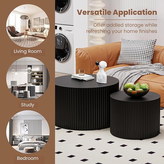 Round Nesting Coffee Table Wood Drum Nesting Tables Modern Stacking Coffee Table Set of 2 Fluted Center Table End Table for Living Room Home Office Small Spaces, No Assembling (Black Large)