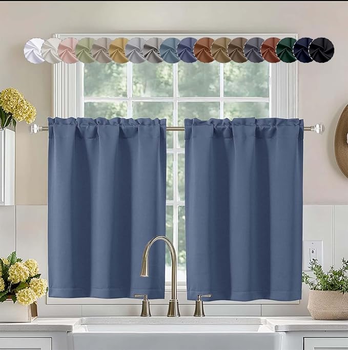Aiyufeng Denim Blue Short 36 Inches Blackout Curtain 2 Panels Set, Half Window Rod Pocket Privacy Curtain Tiers for Kitchen, Curtains Blackout for Bathroom Shades, W40 x L36 Inch, Denim Blue